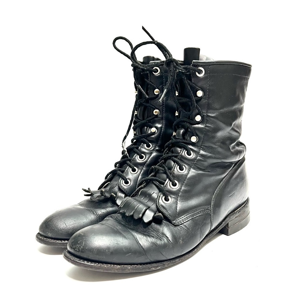 JUSTIN | Vintage 1980s men's black leather kiltie fringe lace up roper boots